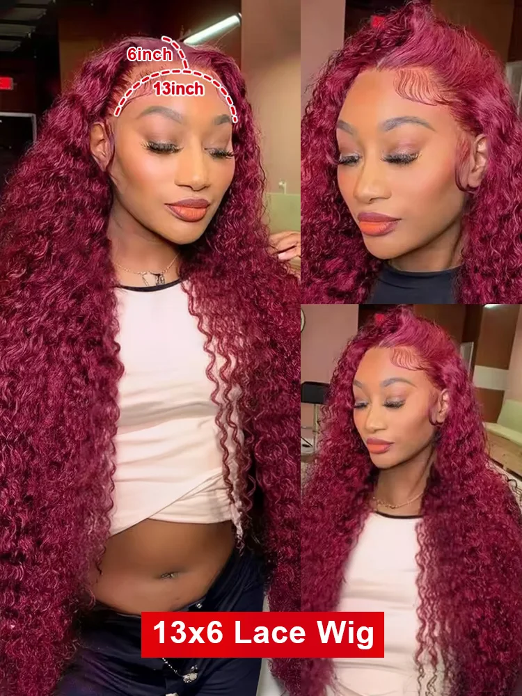 30 40 Inch 99J Burgundy 250 Density Deep Wave 13x4 Lace Front Human Hair Wig 13x6 Red Curly Lace Frontal Wigs HD Wine Water Wave