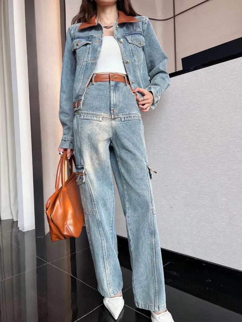 

Street style women's jeans, fashionable and trendy, leather edging, high waist, polished white, worn straight leg pants