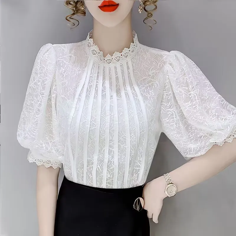Vintage Woman Lace Jacquard T-Shirt New Female Summer Short Sleeve White Tops Elegant Ladies Sweet Casual Ruffles Shirts