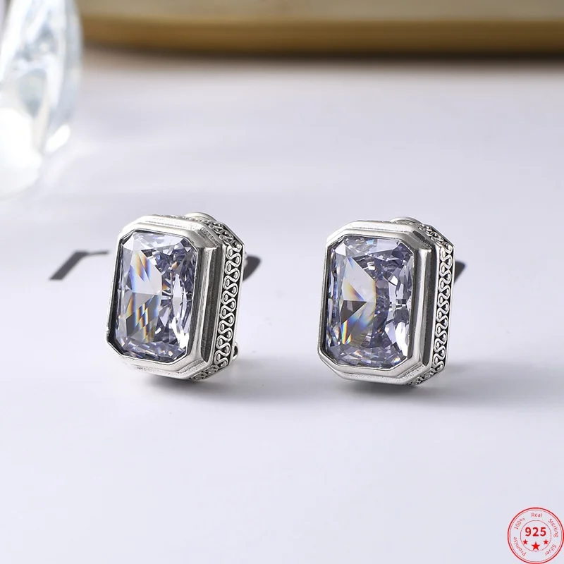 

S925 Sterling Silver Studs Earrings for Women Argentum Edged Square Tangent Plane Lavender Zircon Ear Studs Punk Jewelry