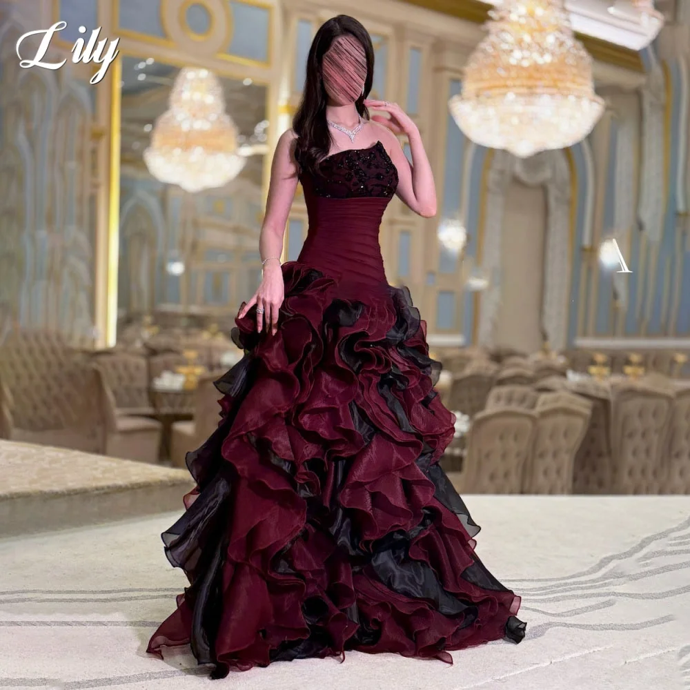 

Lily Burgundy Elegant Formal Gown Sleeveless Ruffles Prom Dress Strapless Sequins Trumpet Tiered Woman Evening Dress Customized