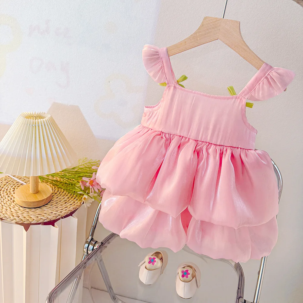 Baby Girl Clothes Summer Tulip Pattern Solid Color Halter Puffy Girl Kid's Dress Cute Casual Princess Dress for Baby Girl