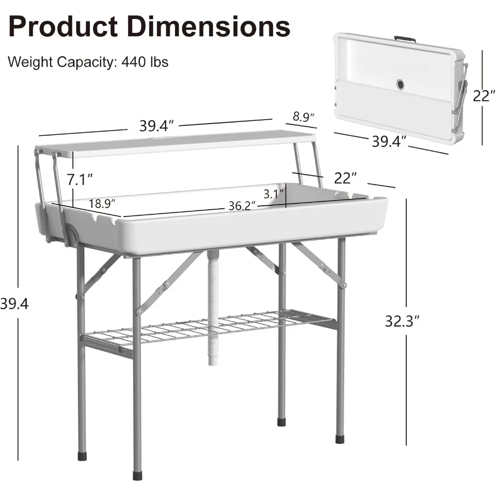 

Ice Cooler Table with Drain, Two-Tier Plastic Folding Tables, with Removable Matching Skirt and Shelf, Indoor Outdoor Use