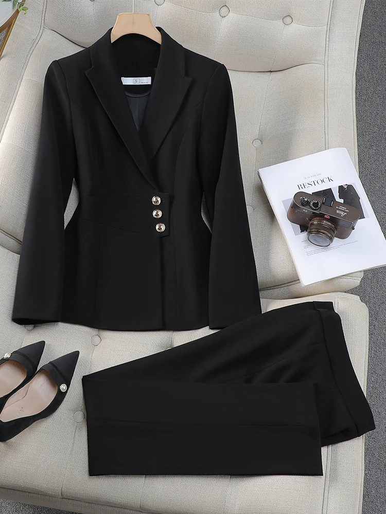 Women Pant Suit Gray Navy Black Office Ladies Female Business Work Wear 2 Piece Set Formal Blazer Jacket Trouser JJ1028