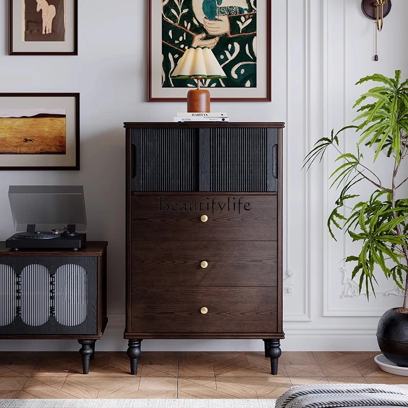 

French retro solid wood TV cabinet American medieval style living room double door wine cabinet against the wall
