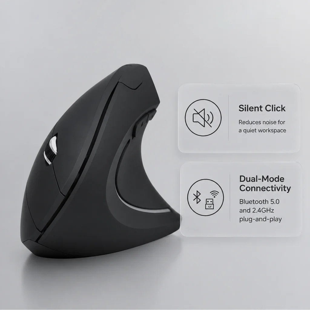 Left Right Hand Mouse Vertical Ergonomic Wireless with Bluetooth Double Mode Mouse Computer PC Mice Rechargeable Gaming Mouse