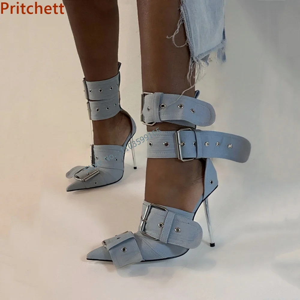 Rivet Metal Heel Solid Sandals Pointy Toe Thin Heel Buckle Strap Belt Decoration Hollow Stiletto Shoes Women Sexy Fashion Shoes