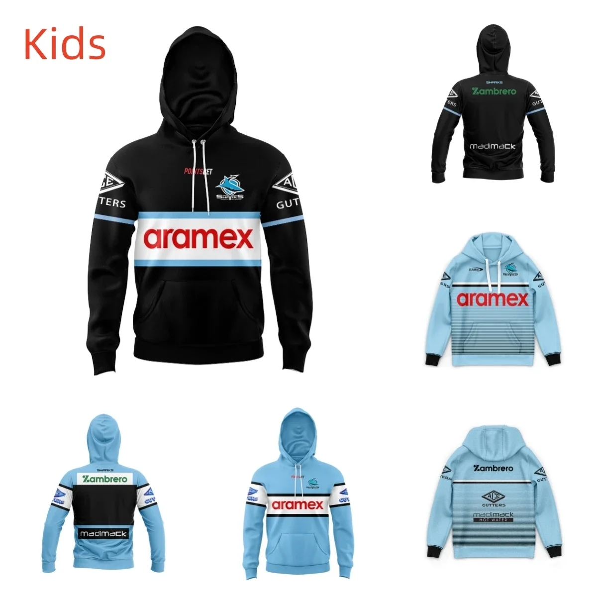 

2023 Cronulla-Sutherland Sharks Kids Replica Home/Away/Heritage/Singlet Rugby Jersey Kids Pullover Hooded Sweatshirts