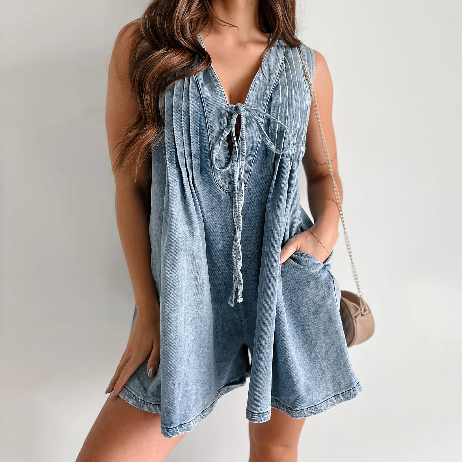 Women's Demin Tank Top Jumpsuit Loose Pleated Tie Front V Neck Sleeveless Shorts Romper with Pockets for Summer