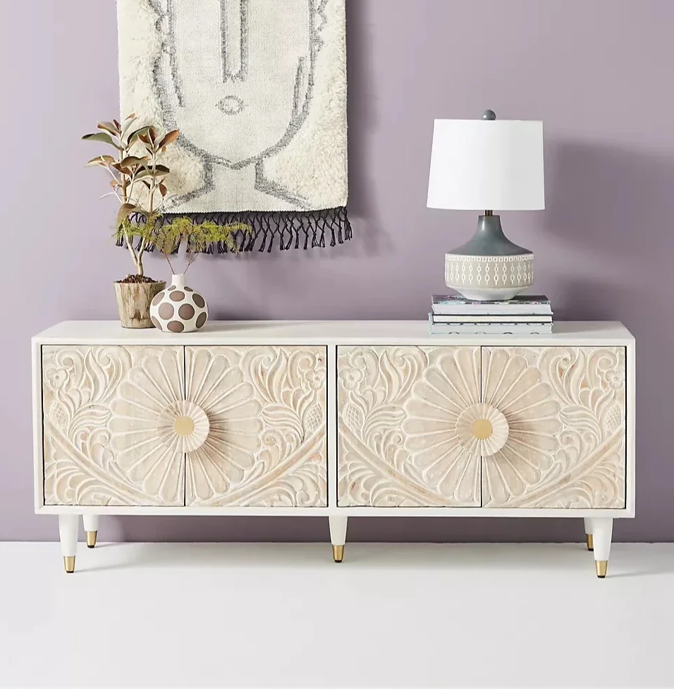 

56French retro solid wood TV cabinet Thai flower carving living room decorative cabinet Media console