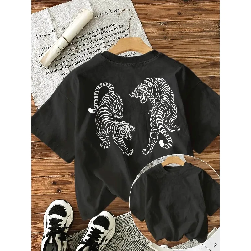 Women's Black and White Tiger Print Short Sleeved Round Neck Casual Top, Soft and Breathable Y2K Harajuku Cotton Women's Top