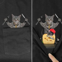Cotton T-Shirt Fashion Pocket Cat eats mouse Printed T-shirt Men for Women Shirts Hip Hop Tops Casual Cotton Tees Drop Shipping