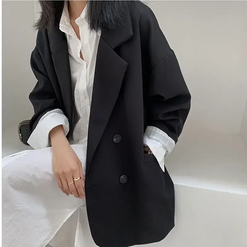 New 2025 Vintage Loose Women Solid Blazer Autumn Chic Double Breasted Female Long Sleeve Suit Jackets Stylish Ladies Blazer