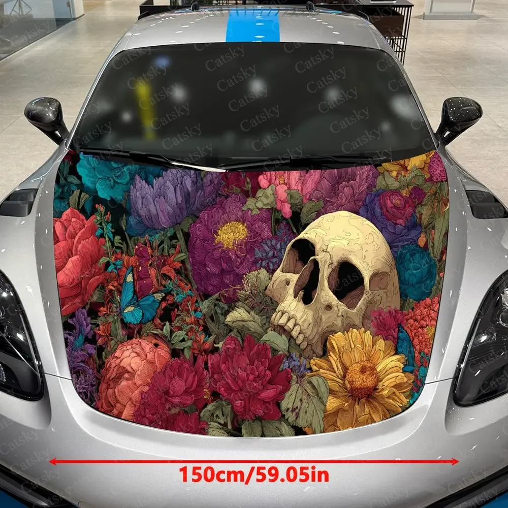 Colorful Bloom & Skull Graphic Car Hood Sticker,Waterproof Self-Adhesive Vinyl Graphics Decals,Decor Auto Accessories Stickers
