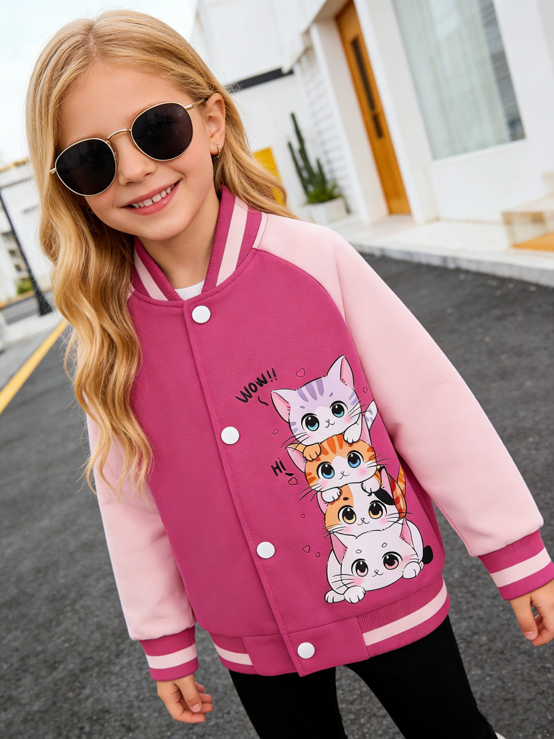 Little girl's cartoon baseball jacket with heart-shaped cat pattern, suitable for children's casual outdoor daily activities view 3