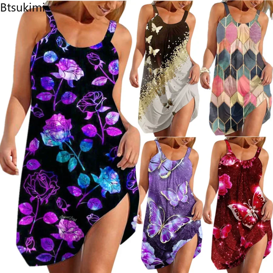 

New 2025 Women's Summer Beach Sling Dress Bohemia Print Backless Sleeveless Dress Female Urban Casual Commuter Princess Skirt