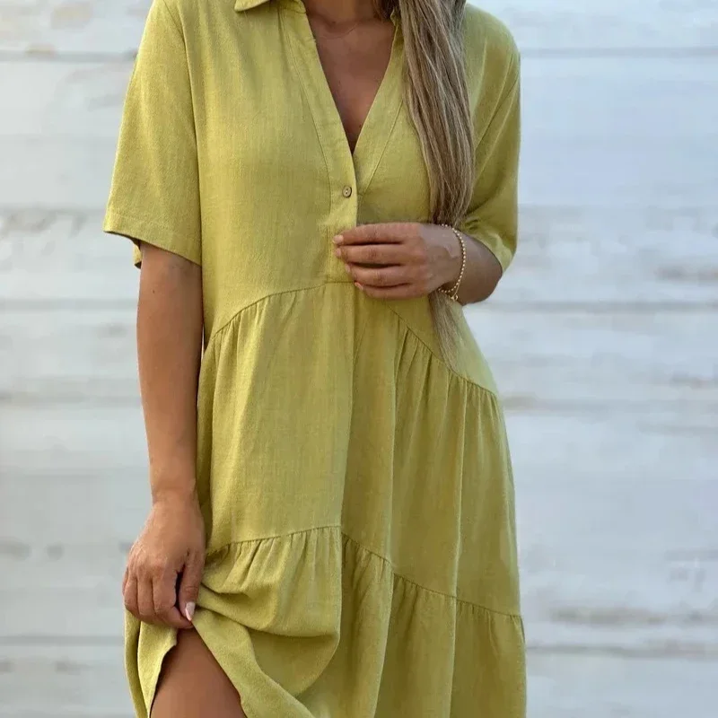 Mulheres verão sólido rosa vermelho mini vestido com decote em v manga curta botão babados lapela algodão casual solto praia vestidos curtos