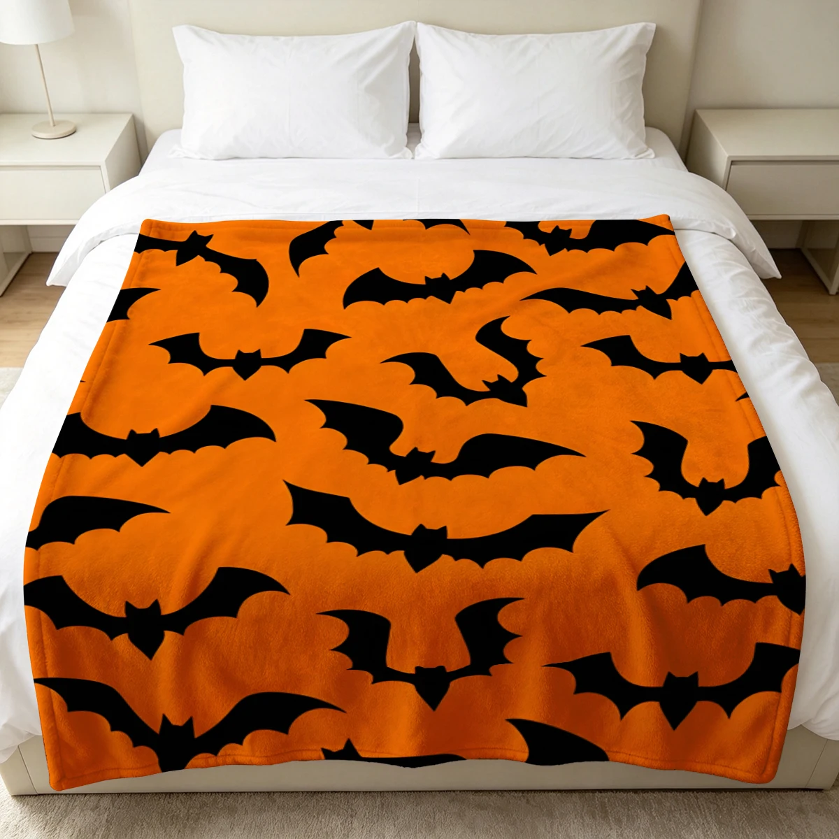 Black Orange Bats Flannel Blanket Warm Soft Halloween Christmas Decorative Couch Warm Cozy All-Season Gift