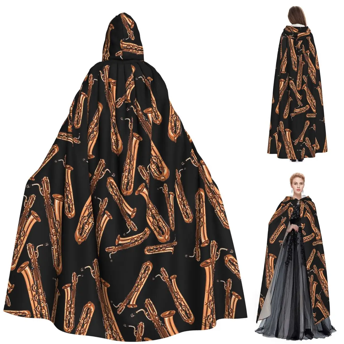 

Baritone Saxophone Pattern Black Long Hooded Cloak Witch Medieval Costume Cosplay Cape HalloweenParty Adult Unisex