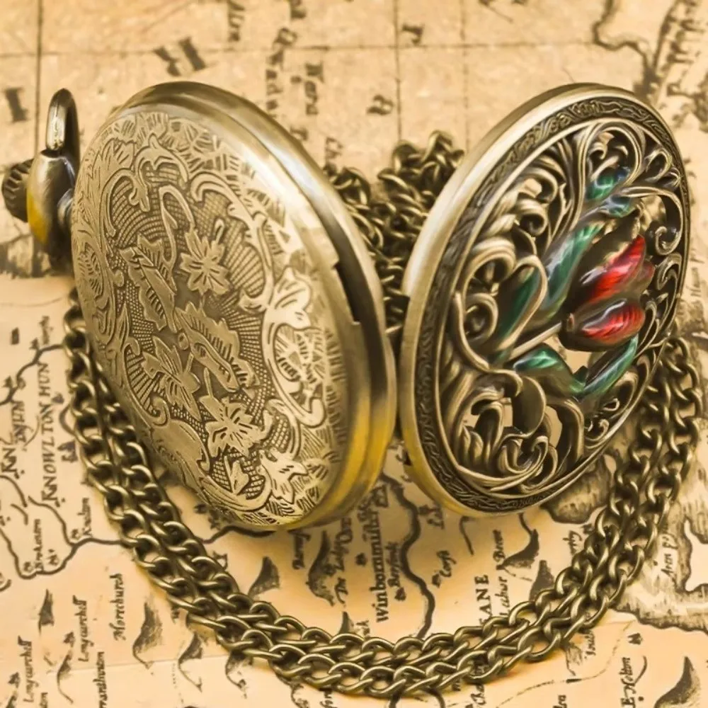 New Bronze Vintage Pocket Watch Enamel Flower Hollow Carved Case Pendant Watch Rhinestone Inlay Flower Pocket Watch Daily Wear