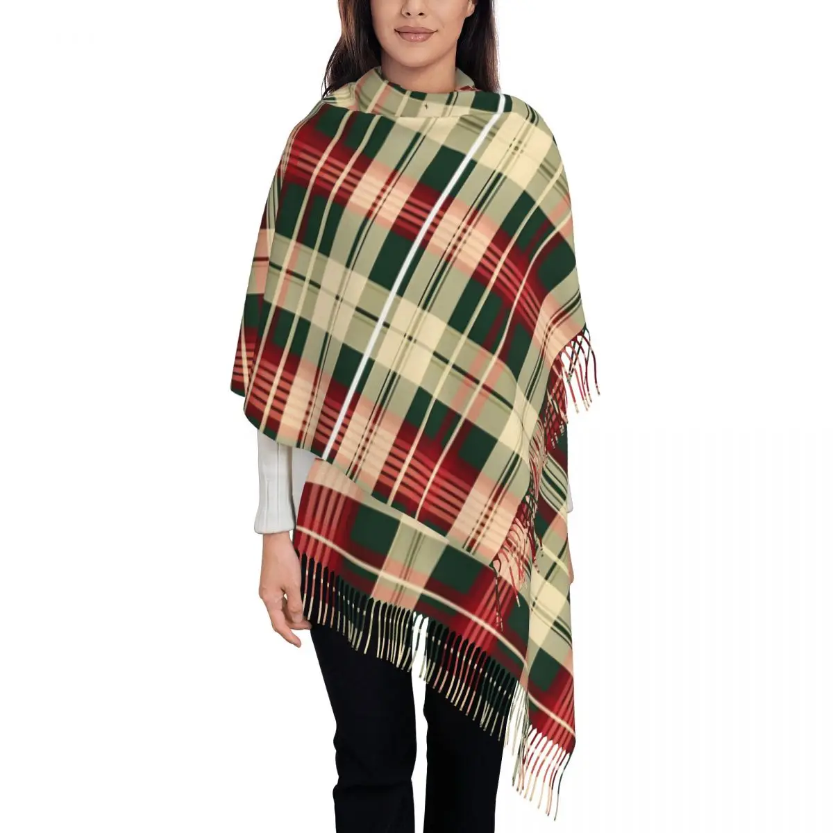 Lenço guingão de Natal vermelho e verde para mulheres, xale rústico de fazenda, pashmina grande, lenços de borla, envoltório, quente, grande, inverno