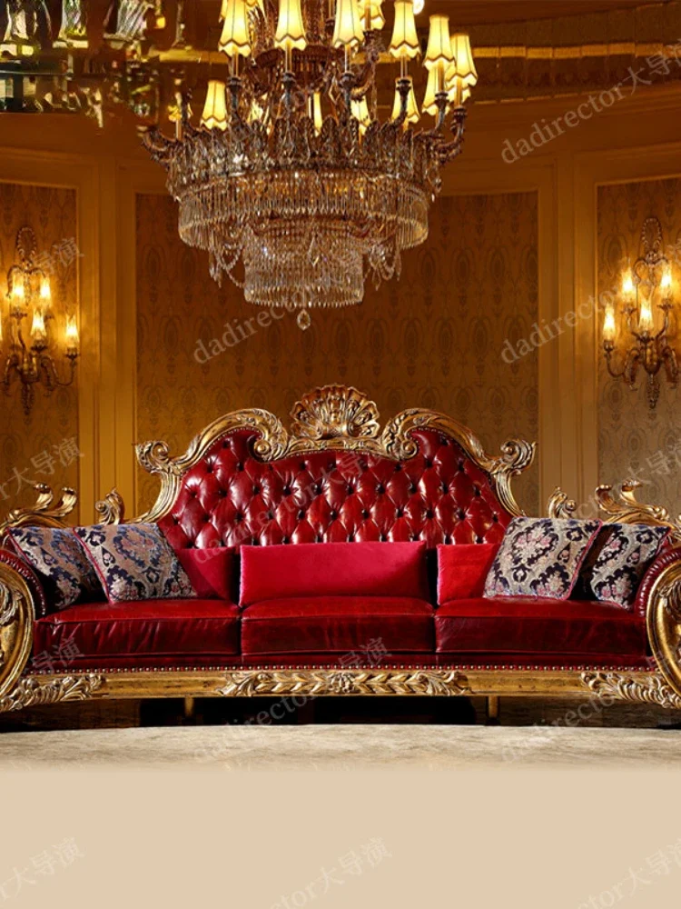 Palace Sofa Solid Wood Carved Luxury Furniture Leather Sofa