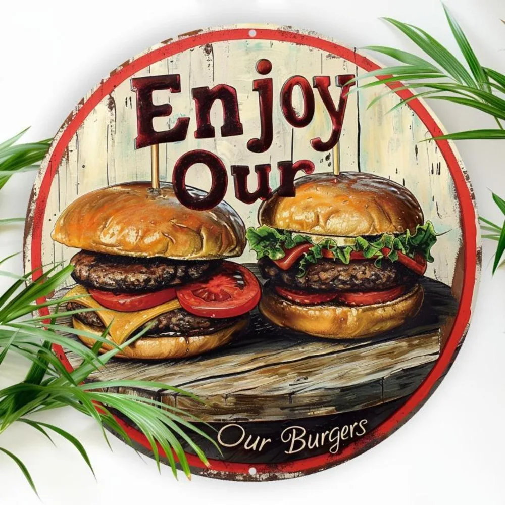 Vintage Enjoy Our Burgers Metal Tin Sign, Retro Rustic Delicious Hamburger Fast Food Round Wall Art Decor, Classic Diner Burger
