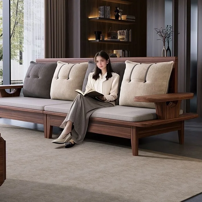 New Chinese-style black walnut solid wood sofa combination living room modern simple household winter and summer dual-purpose