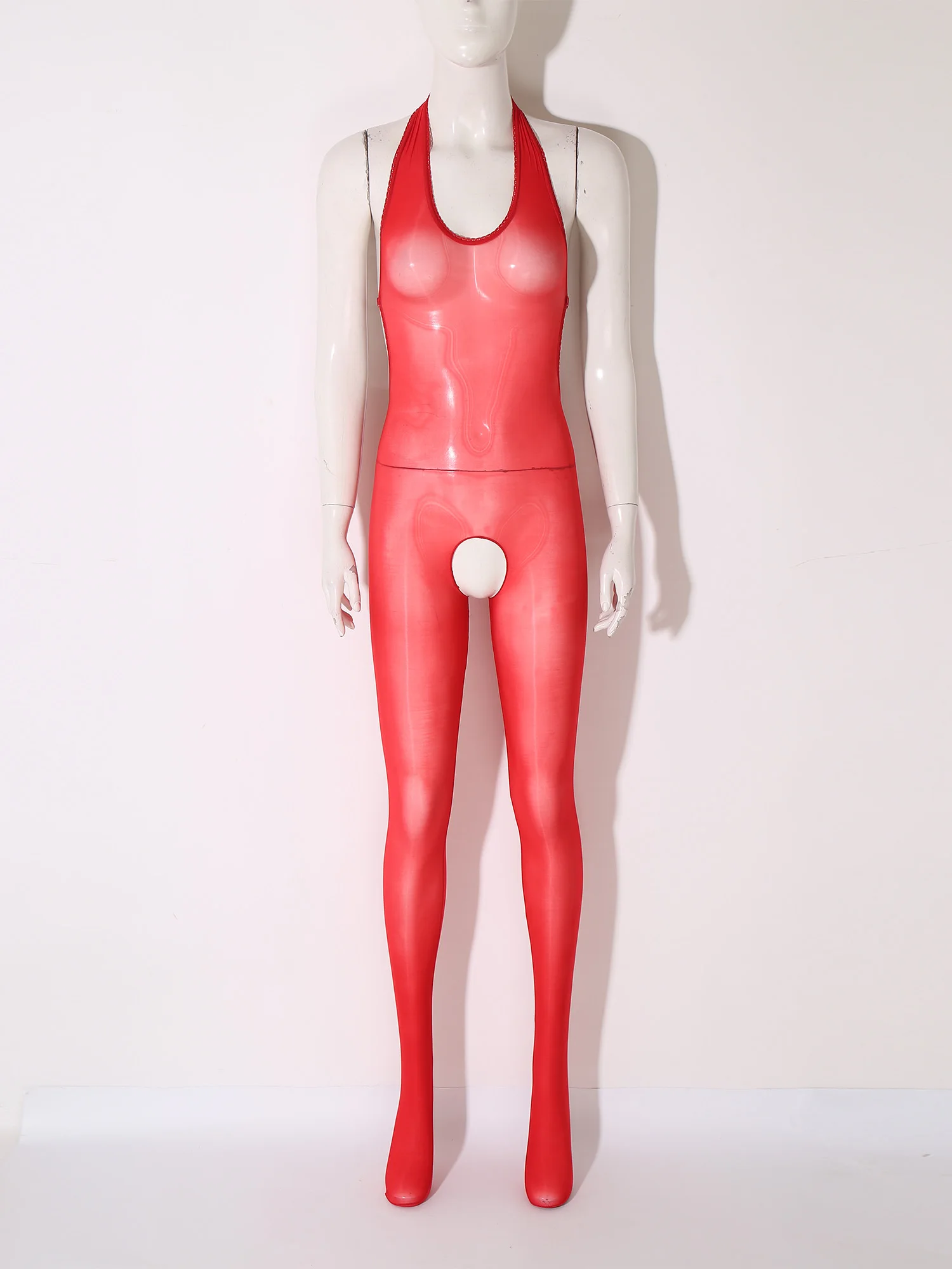 Durchsichtiger Damen-Body ohne Schritt, durchsichtige Dessous-Strumpfhose, Neckholder, ärmellos, offener Rücken, Overall, einteilige Club-Nachtwäsche