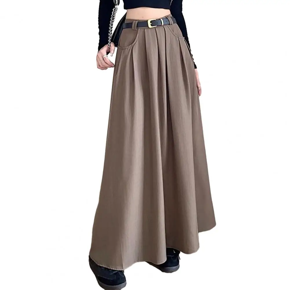 Women High Waist Pleated Skirt Elegant Flared A-Line Midi Skirt with Pockets Fashion Solid Color Lady Long Skirt for Autumn