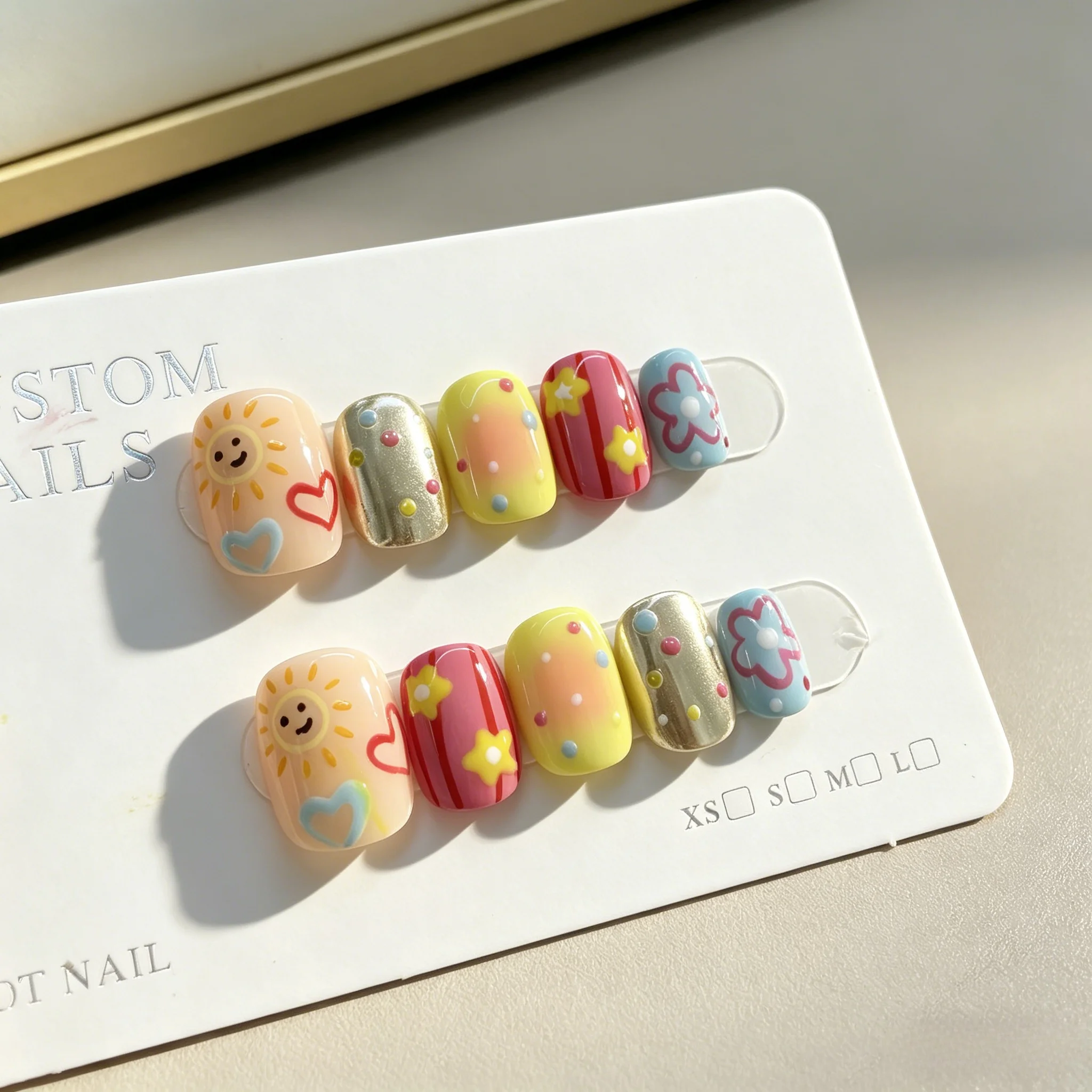 10pcs Sunflower Handmade Nails Colorful Polka Dots and Stars Press on Nail Short Oval Fake Nail for Women&Girl False Nail Art