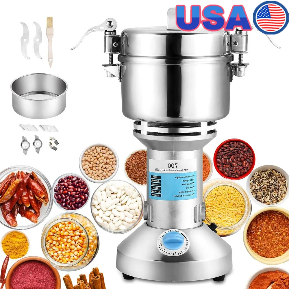 Electric Grain Mill Grinder 2500W 700g Stainless Steel High Speed Spice Herb Commercial 60-350 Mesh 35000RPM Smoothly Grinding