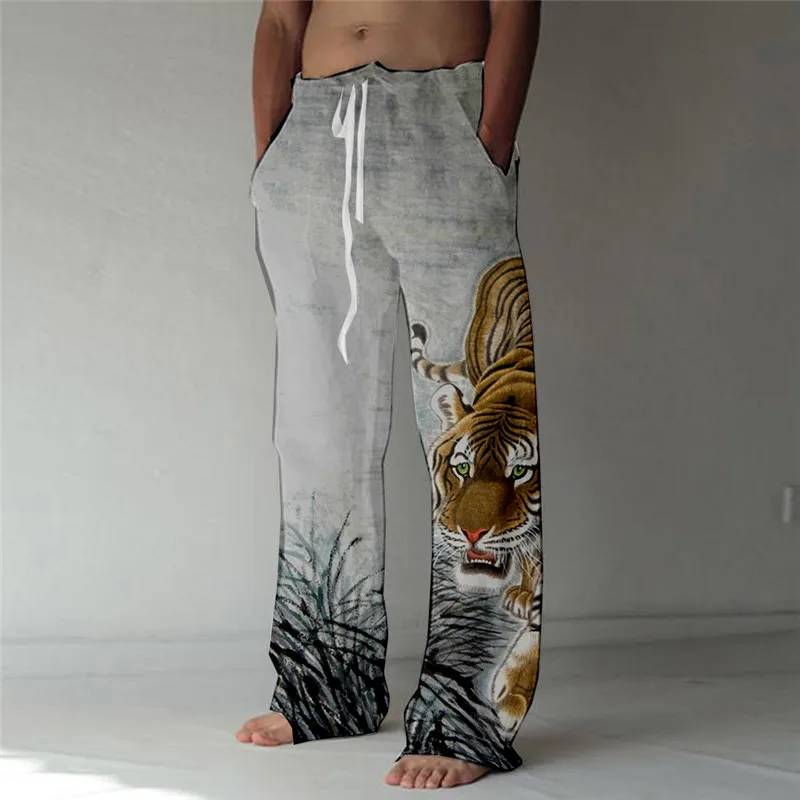 Summer Linen Men\'s Pants Modern and Comfortable Quality Soft Linen Color Blocked Pants With Ppockets And Drawstring Casual Pants