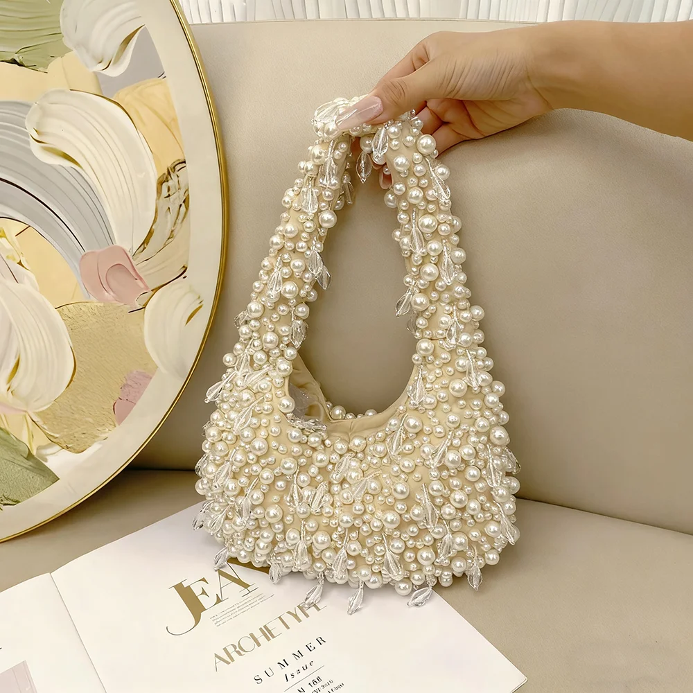 

High Quality Pearl Beaded Handmade Women Handbag Fashion Evening Bag Wedding Party Clutch Purse Beads Beading Woven Shoulder Bag