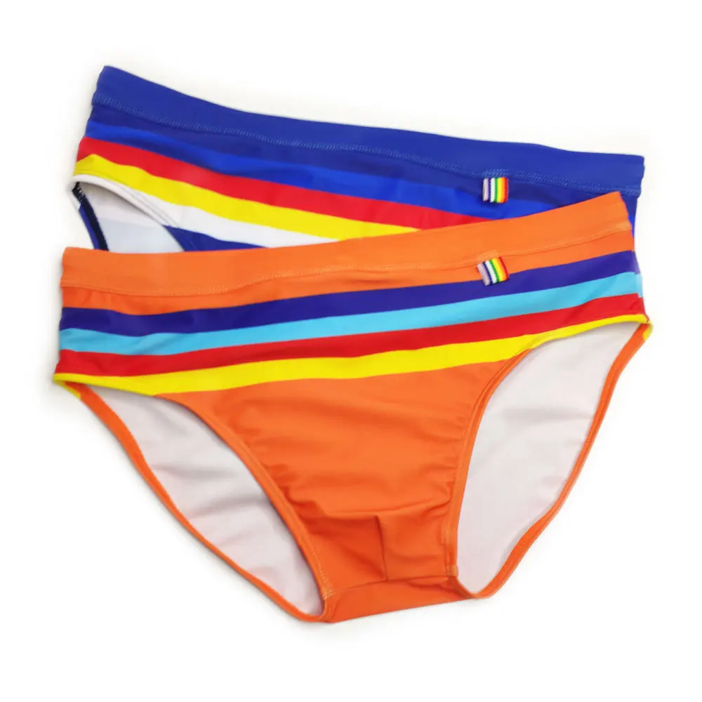 Sexy Men Rainbow Striped Swimwear Swimming Briefs Quick Dry Pool Beach Bikini Swimsuit Board Shorts Gay Male Sport Bathing Trunk