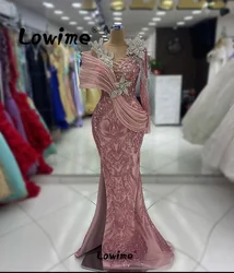 Aso Ebi Crystals Pink Evening Dress Formal Occasion Dresses Wedding Party Gowns Long Sleeves Tassels Prom Dresses Abendkleider