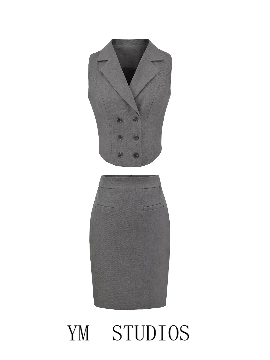 

Модный деловой костюм-двойка для женщин: укороченный жилет с завышенной талией и юбка с высокой талией, приталенный крой, европейский стиль.