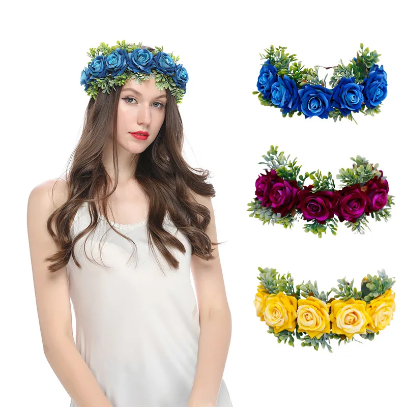 

Handmade Garland Headdress Artificial Rose Flower Headband Headband Seaside Vacation Wedding Accessories Velvet Headband Crown