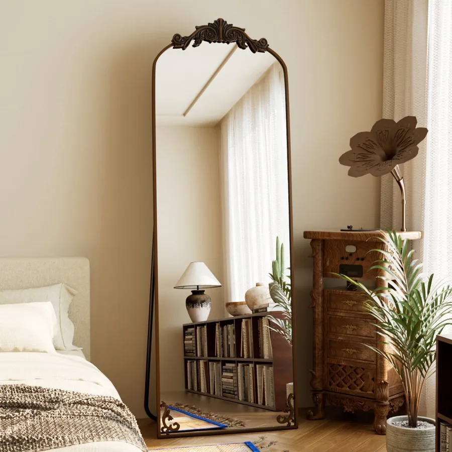 

64"x 21" Arched Full Length Mirror Baroque Vintage Mirror with Carved Metal Frame Antique Bronze