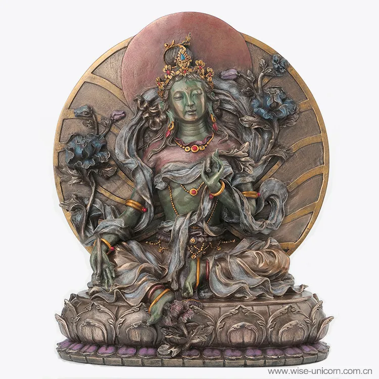 Green Tara Resin Statue Tibetan Buddhism Figurine Half‑Lotus Pose With Floral Backplate Religious Sculpture Home Desktop Decor