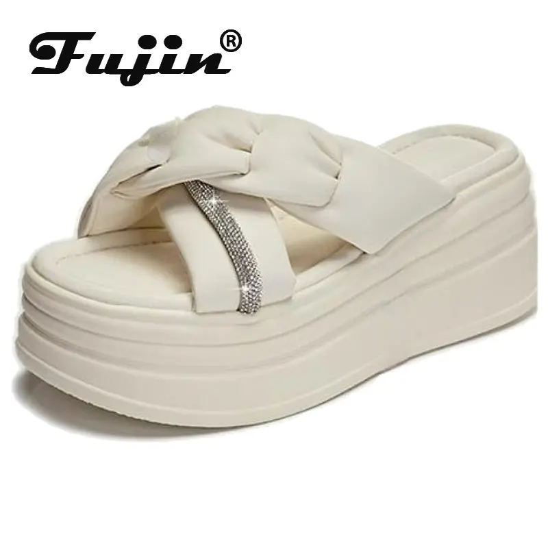 

Fujin 8CM Rhinestone Microfiber Synthetic Sandals Women Comfy Shoes Fashion Women Summer Platform Wedge Peep Toe Ladies Slippers