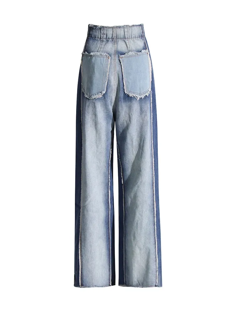 CHICEVER-Pantalon en denim bleu FJFor pour femme, taille haute, poches, grande taille, patchwork, jambes larges, vêtements d'automne, 2024