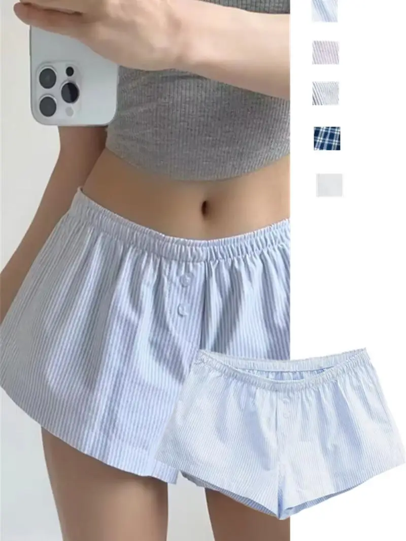 Low Waist Wide Leg Short Pants Women's Summer Style Three Button Home Leisure Hot Pants Blue White Stripes Street Style Thin