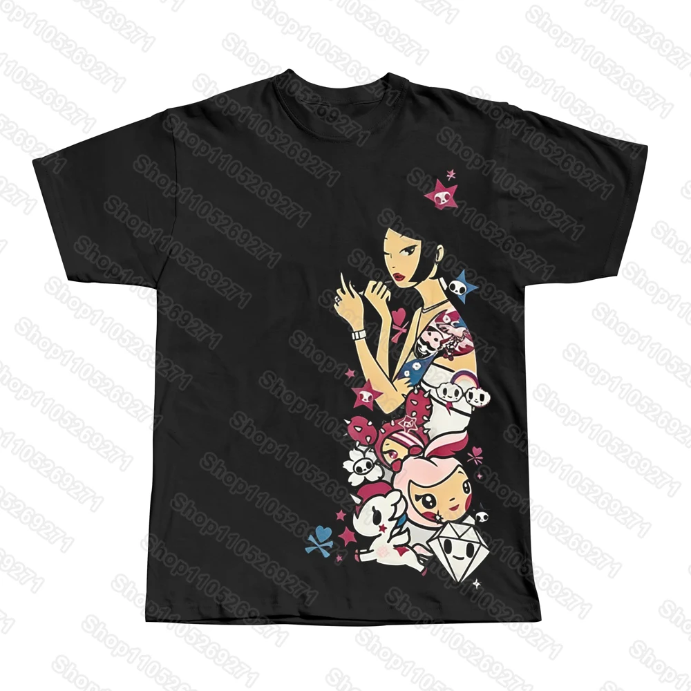 Y2K Hot Tattoo Short Sleeve Retro Sweet Cool Cartoon Print  Subculture Top Matching Millennial Style, Niche Non-Collision Style