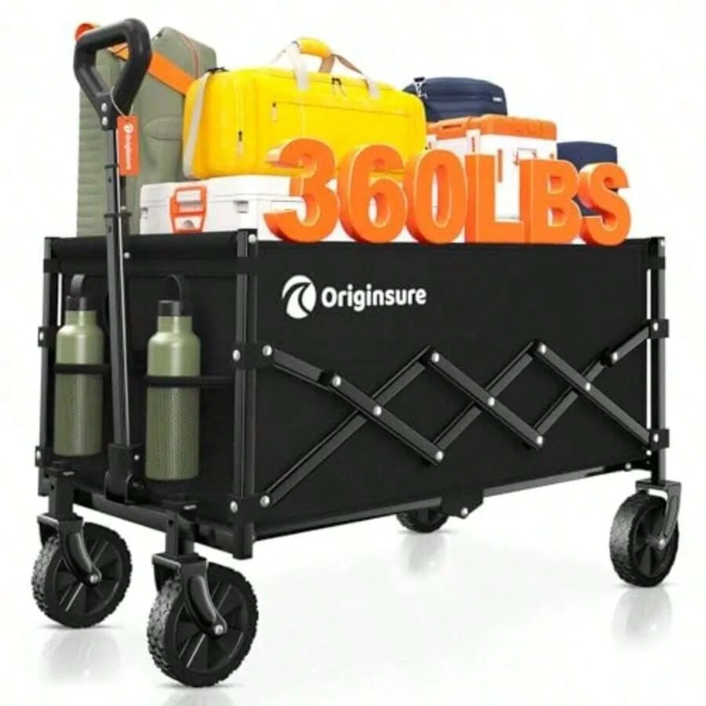 110L Collapsible Wagon Cart Foldable Utility Cart 360lbs Heavy Duty Steel Frame 360 Degree Swivel Wheels Adjustable Telescoping Handle No Assembly Easy Fold Compact Storage for Camping Beach Picnics Shopping Gardening Outdoor Activities