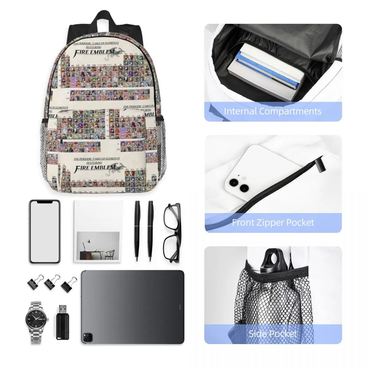 Periodic Table Fire Emblem Backpack Student Boys Girls BookBag Men Women School Bag Laptop Shoulder Bags