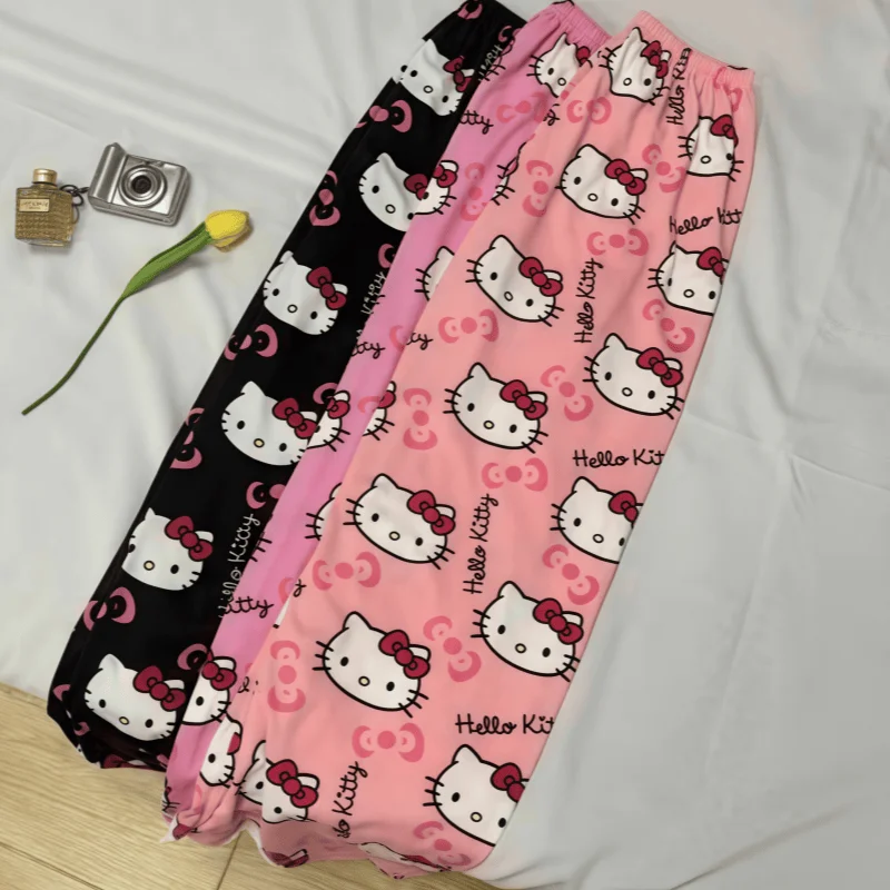 Hello Kitty, pantalones de pijama holgados de algodón de estilo veraniego para mujer, pantalones de pijama para mujer y hombre, pantalones para dormir de dibujos animados, ropa de salón para dormir