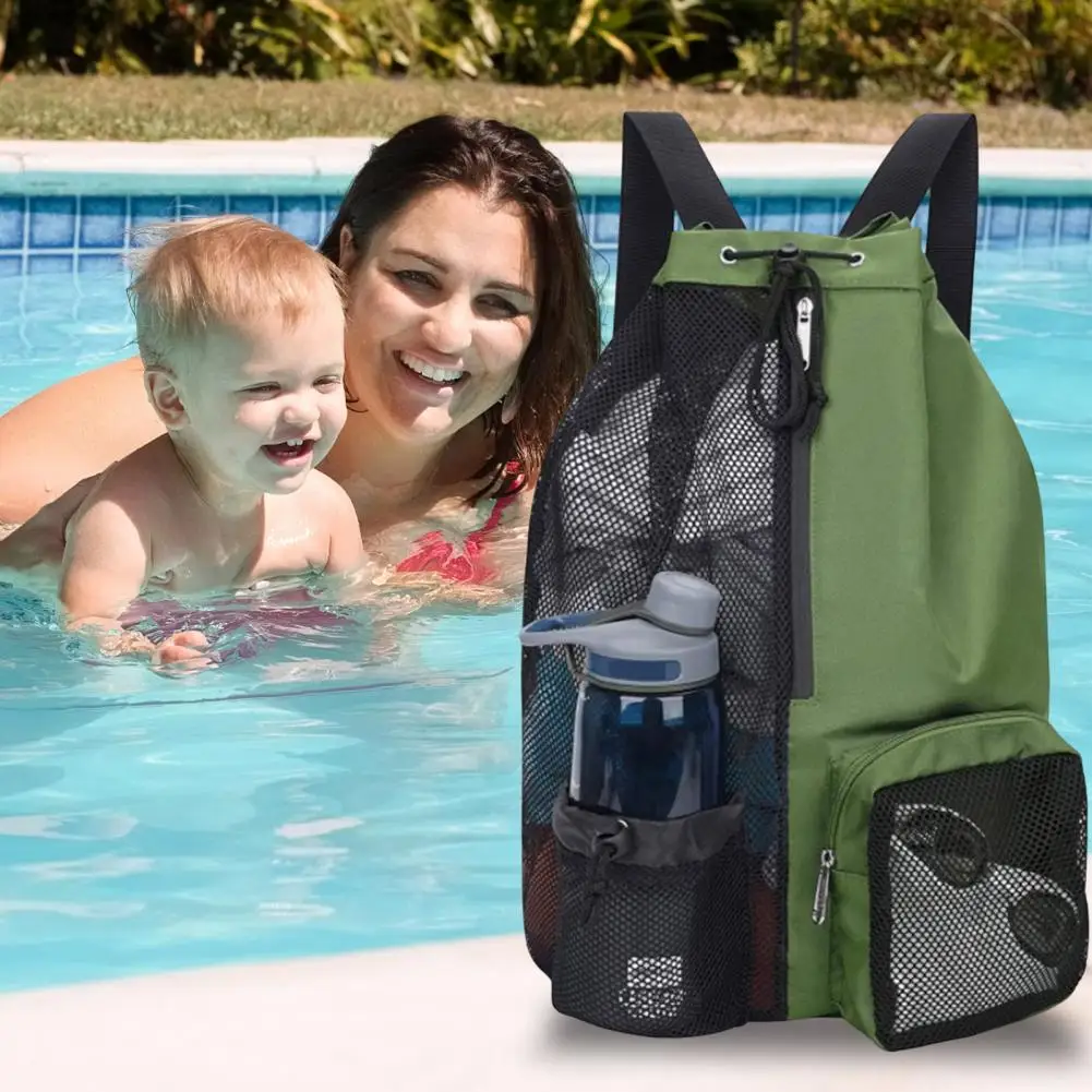 

Waterproof Drawstring Mesh Swim Bag with Pockets Zipper Beach Backpack Lightweight Mesh Bag Sports Supplies