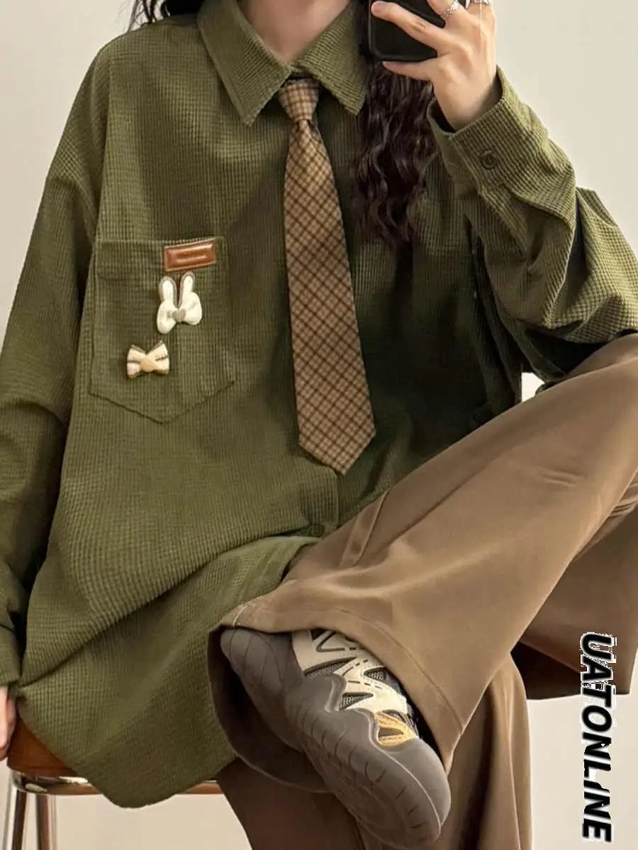 

Свободные длинные све irt Весна Осень ex College Sle Повседневный винтажный японский узор M Fem Youth Faion