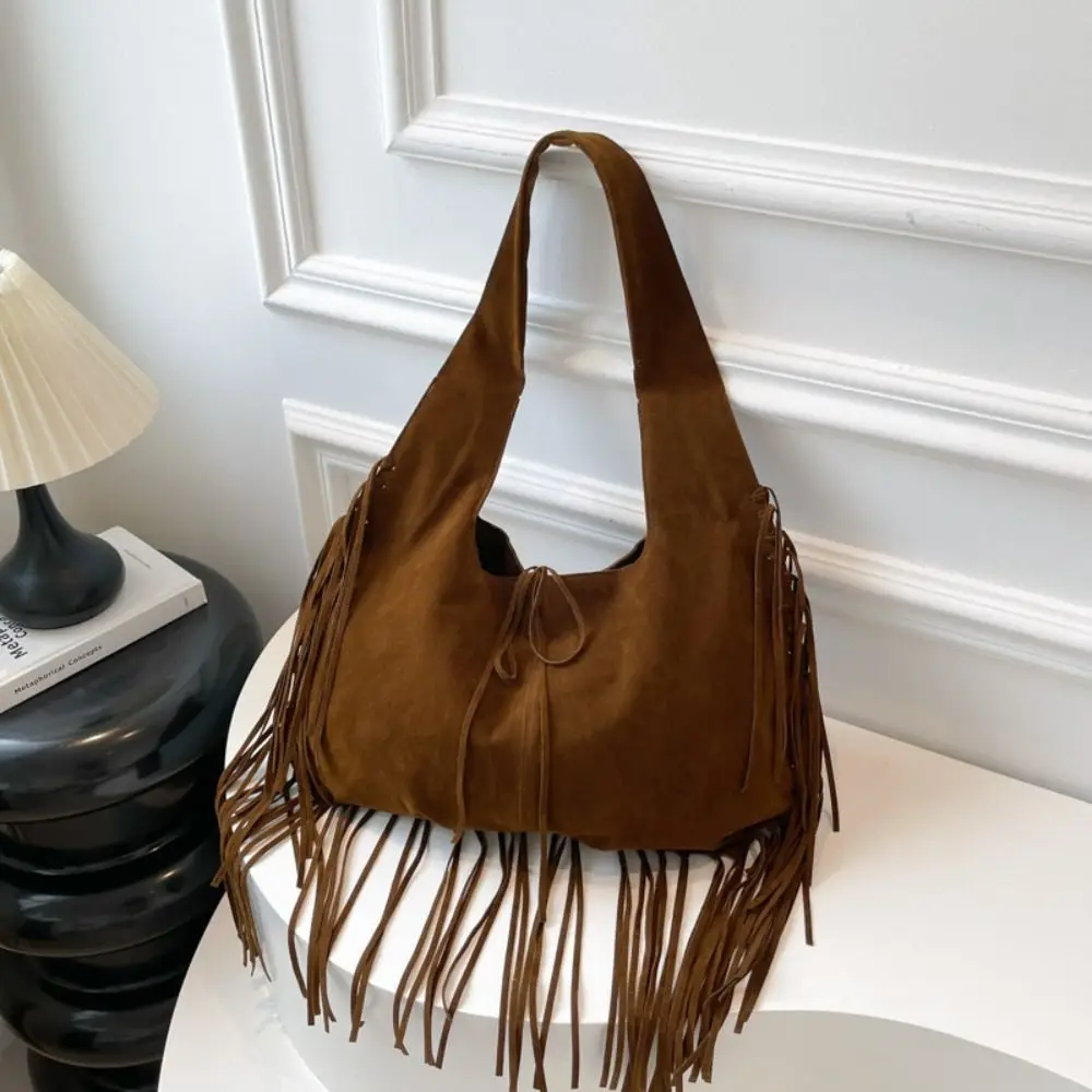 

Casual Korean Style Tassel Shoulder Bag Solid Color Tote Bag Suede Handbag PU Leather Bohemian Style Underarm Packs Girls